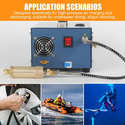Beefed Up Heavy Duty High Pressure PCP Air Filter Oil Water Separator with 8mm quick connect shown in application scenarios