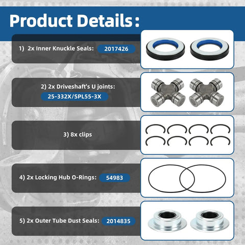 Product details for Badass Heavy Duty Front Axle Shaft And U Joint Plus Knuckle Vacuum Seal Hub O Ring And Dust Seals Kit.