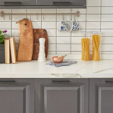 Kitchen with Slick Matte Black Cabinet Pulls Square 5 Inch Center To Center Drawer Handles on gray cabinets and backsplash