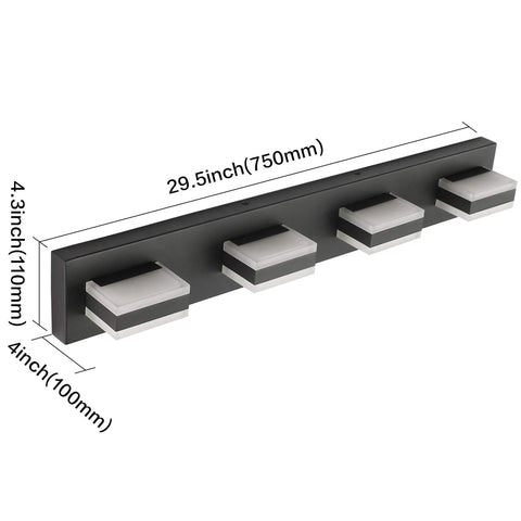 Matte Black 4 Light Bathroom Vanity Light Fixture With LED Dimmable Bulbs, 32W Cool White 6000K, dimensions shown