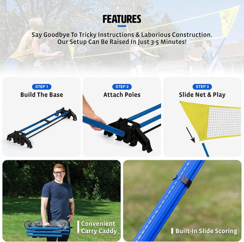 Backyard Badminton Set With Easy Setup Net 4 Steel Shaft Rackets 2 Durable Shuttlecocks Quick Setup Steps and Features