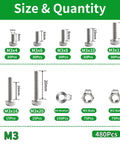 M3 Hex Socket Head Cap Screws Assortment Kit 480 Pcs Metric Machine Thread Fasteners Nuts Washers Wrench Key 304 Stainless Steel Real Deal Gear For Pros And Geeks Seeking Quality Tools To Finish Builds Smooth Like A Boss Each Time. Size chart for M3 screws 4mm-20mm, nuts and washers