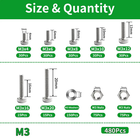 M3 Hex Socket Head Cap Screws Assortment Kit 480 Pcs Metric Machine Thread Fasteners Nuts Washers Wrench Key 304 Stainless Steel Real Deal Gear For Pros And Geeks Seeking Quality Tools To Finish Builds Smooth Like A Boss Each Time. Size chart for M3 screws 4mm-20mm, nuts and washers