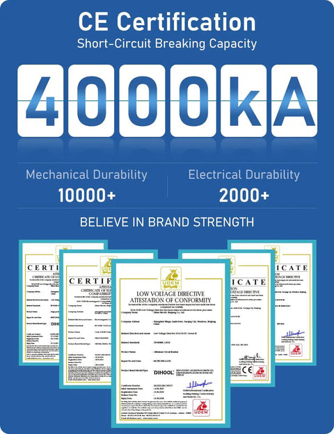 CE Certification details showing 4000KA short-circuit breaking capacity and durability ratings for disconnect switch.