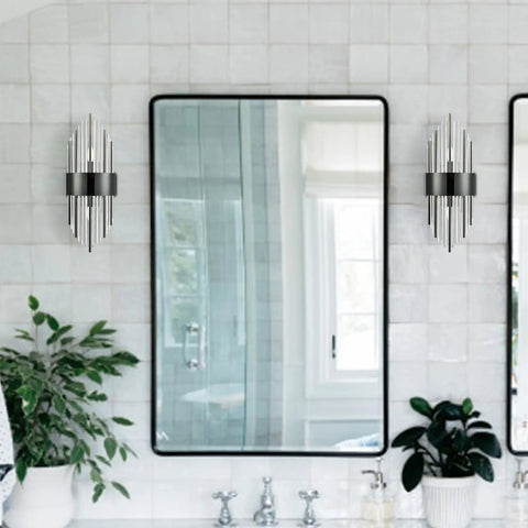 Two Light Modern Titanium Black Crystal Wall Sconces Set Of Two With Clear Glass Rods For Bath Hallway And Bedroom Lighting