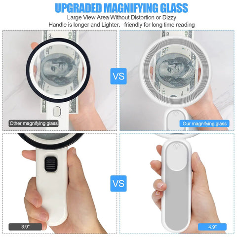 Rechargeable Lighted Magnifying Glass 30X 4.7 Inch Handheld Loupe With USB Charge and 21 LED compared with another magnifier