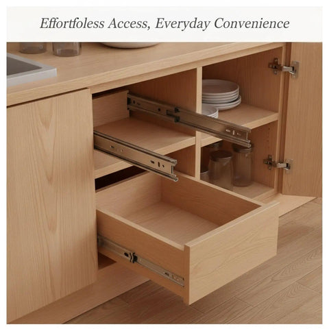Open cabinet with full extension side mount drawer slides for cabinets and furniture, smooth glide hardware set installed.