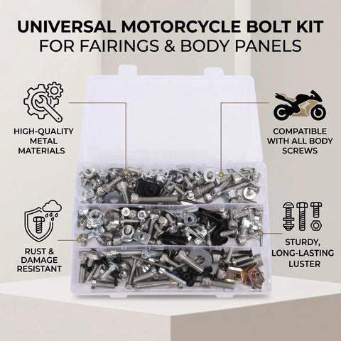 Motorcycle Fairing Bolts Kit With M5 And M6 Screws Nuts Washers And Spacers Plus Included Hex Wrenches For Ready To Roll DIY Installation And Universal Body Panel Hardware For All Models. Clear plastic case with metal fairing bolts.