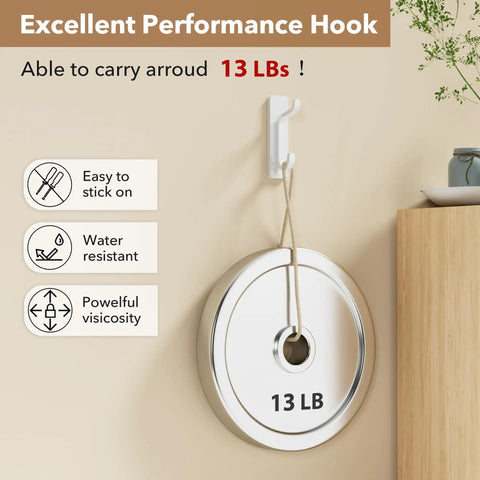 Wall Hooks For Coats And Towels 13 Lb Load Heavy Duty Stick On Adhesive Door Hanger White displaying load capacity.