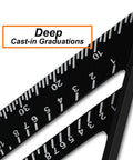 Deep cast-in graduations on Heavy Duty 12 Inch Aluminum Alloy Triangle Rafter Square Beefy Pro Grade Carpenter Layout Tool With Easy To Read Scales For Accurate Angle Measurement Marking And Precise Cutting