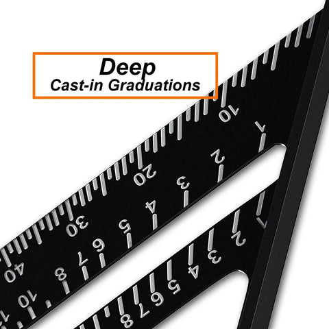 Deep cast-in graduations on Heavy Duty 12 Inch Aluminum Alloy Triangle Rafter Square Beefy Pro Grade Carpenter Layout Tool With Easy To Read Scales For Accurate Angle Measurement Marking And Precise Cutting