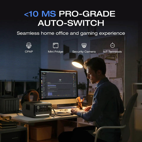 Person using computer in office with RIVER 3 Plus Portable Power Station With 286Wh LiFePO4 Battery under desk lamp.