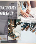 Factory setting with sewing machine, fabric cutting, and custom tools, depicting textile production and customization process.