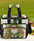 Floral picnic backpack with lunch box on grass; 12x9x10 inch capacity, gnome design, ideal for keeping food fresh or warm outdoors.