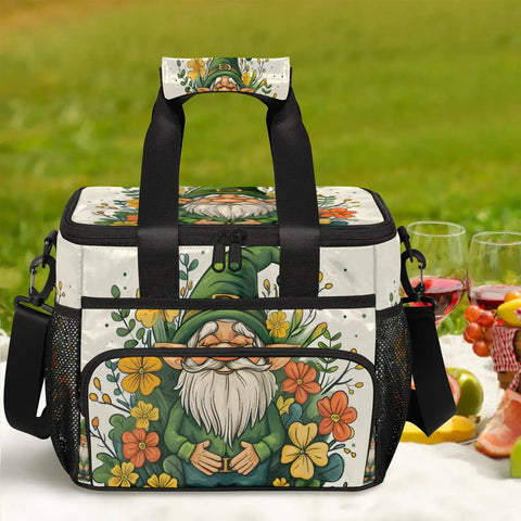 Floral picnic backpack with lunch box on grass; 12x9x10 inch capacity, gnome design, ideal for keeping food fresh or warm outdoors.
