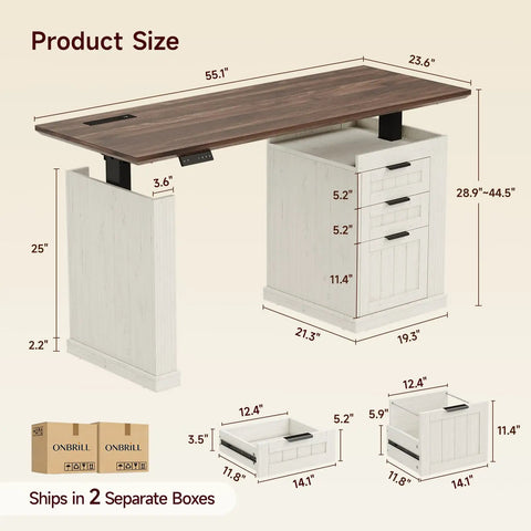Product size diagram of 55 Inch Electric Standing Desk Farmhouse Style Sit Stand Workstation with drawer measurements.