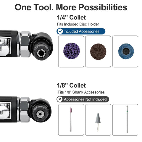Heavy Duty Right Angle Air Die Grinder Kit 37 Piece Set With 1 4 And 1 8 Inch Collets showing collet options and included accessories.