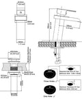 Technical diagram of Matte Black Bathroom Faucet With Waterfall Spout Sleek Dope Pop Up Drain Stopper Overflow Assembly Supply Hose