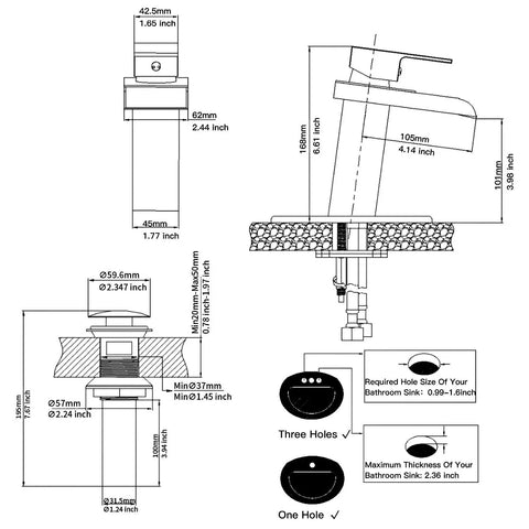 Technical diagram of Matte Black Bathroom Faucet With Waterfall Spout Sleek Dope Pop Up Drain Stopper Overflow Assembly Supply Hose