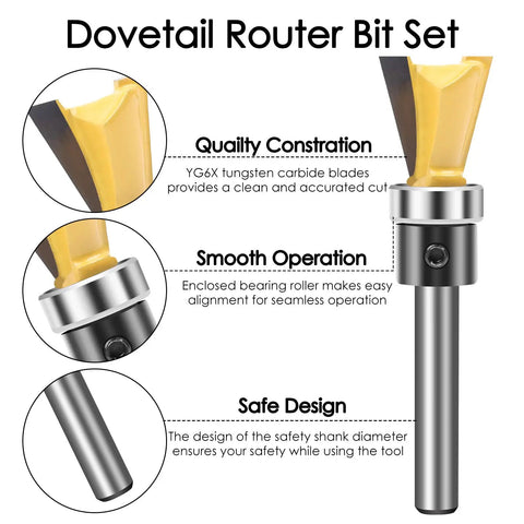 Weekend Warrior Approved Dovetail Router Bit Set Two Piece Pack with quarter inch shank and tungsten carbide cutting heads.