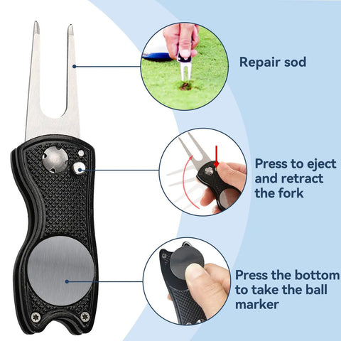 Heavy duty divot tool from Golf Towel And Club Brush Set With Clip 16x24 Microfiber Towels Two Black Towels Plus Retractable Zip Line Brush