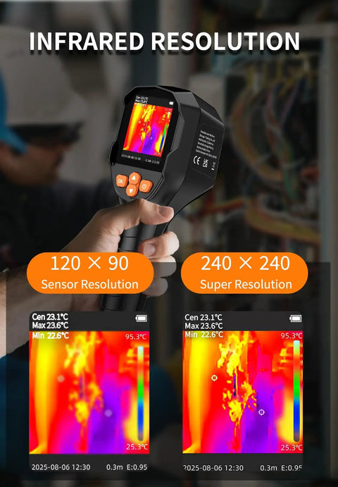 Pro Grade Dual Camera Thermal Imaging System With Visual Light 120x90 IR Resolution And 240x240 Ultra Resolution 25 Hz Thermal Camera -4F To 1022F Range App Image Transfer And PC Analysis showing infrared resolution screen