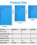 Pro Grade Soldering Mat For Electronics Repair With Magnetic Zones And Heat Resistant Silicone Work Pad 70 Compartments And 3 Magnetic Areas, 13.8 by 9.9 inches, size comparison chart.