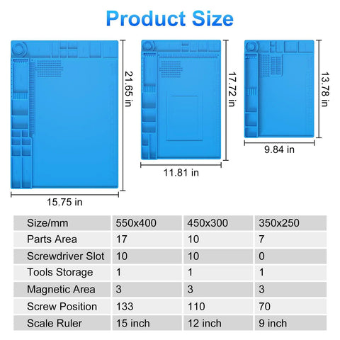 Pro Grade Soldering Mat For Electronics Repair With Magnetic Zones And Heat Resistant Silicone Work Pad 70 Compartments And 3 Magnetic Areas, 13.8 by 9.9 inches, size comparison chart.