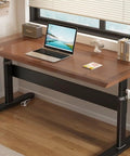 Heavy Duty Adjustable Industrial Desk Legs With Smooth Rolling Swivel Casters For Hassle Free Mobile Office Upgrades And Built Like A Tank Sturdiness On Modern Standing Desks with wood tabletop and laptop.