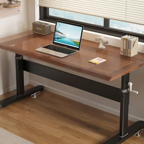 Heavy Duty Adjustable Industrial Desk Legs With Smooth Rolling Swivel Casters For Hassle Free Mobile Office Upgrades And Built Like A Tank Sturdiness On Modern Standing Desks with wood tabletop and laptop.