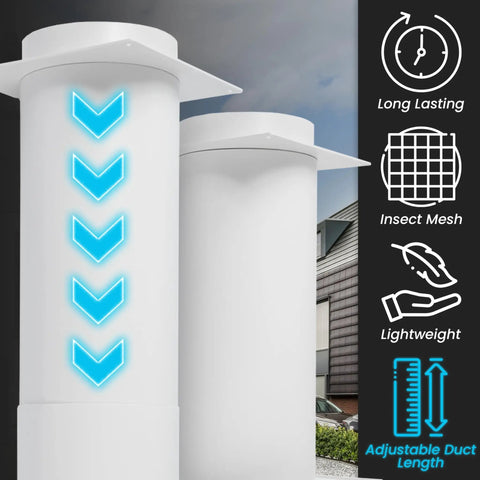 4 Inch Plastic Through Wall Dryer Vent Kit With Easy Adjustable Length From 11.81 To 21.85 Inches, Louvered Dryer Vent Cover With Pipe And Duct Connector, White Finish, Built In Gravity Flaps And Guard Mesh