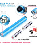 5 Pack LED Penlight Set With 10 Preinstalled Batteries, aluminum body, LED bulb, switch button, and metal clip