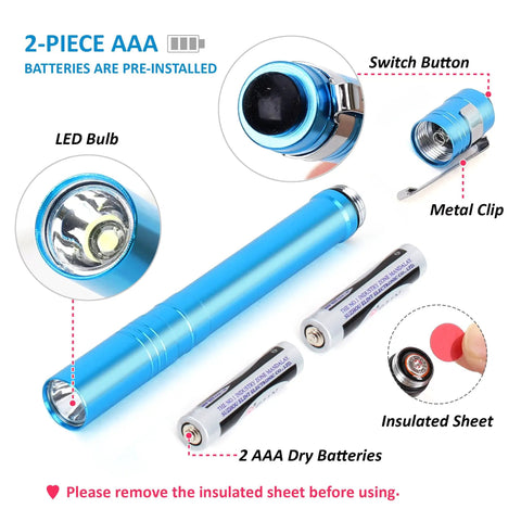 5 Pack LED Penlight Set With 10 Preinstalled Batteries, aluminum body, LED bulb, switch button, and metal clip