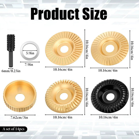 Wood Carving Disc Set For Angle Grinders, 14-Piece Kit With Rotary Burrs And Shaping Discs, Fits 4 In And 4-1/2 In Grinders