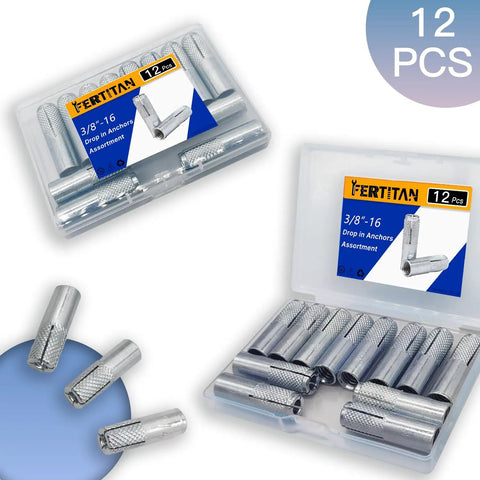 Heavy Duty 12 Pack Knurled Drop In Anchors for Solid Concrete Three Eighths Inch Sixteen Thread Carbon Steel Internal Forced Expansion Bolts with Silver Zinc Coat Ferrtitan Ideal For Contractors in packaging