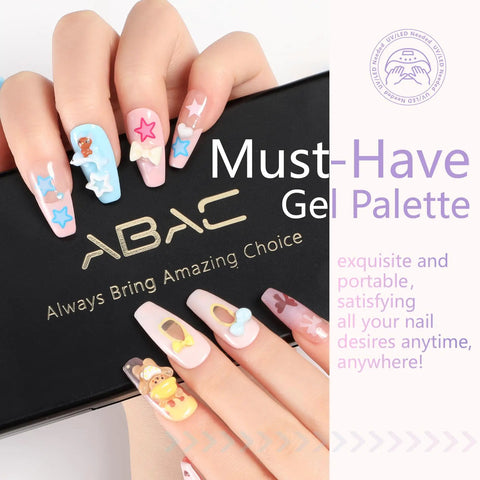 Hand with glossy nail designs using Pastel Shimmer Solid Gel Nail Polish Set With 24 Color Ombre Kit And Pro Nail Art Brush.