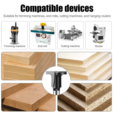 Solid 1/4 Inch Shank Wood Router Drill Bit For Curved Arcs Bending And Detail Work showcased with compatible machines and wood types.