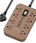 Wooden Walnut Power Strip With USB Ports, 5 Ft Long, 8 AC Outlets, 6 USB Ports Including USB C Fast Charging, 1625W