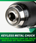 Close-up of keyless metal chuck on Eighteen-Volt Cordless Brushless Driver Drill Kit With Two Lithium Batteries And Charger Carry Bag Half Inch Torque Up To 620 Inch Pounds 2000 RPM Compact Beast Power Drill Set DS18DEX.