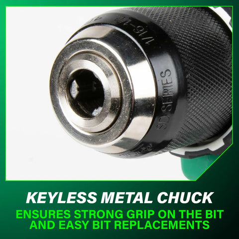 Close-up of keyless metal chuck on Eighteen-Volt Cordless Brushless Driver Drill Kit With Two Lithium Batteries And Charger Carry Bag Half Inch Torque Up To 620 Inch Pounds 2000 RPM Compact Beast Power Drill Set DS18DEX.