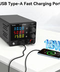 Portable Variable DC Power Supply 0 to 30V 0 to 5A for Lab Bench with 4 digit LED display, USB type-A fast charging, phone connected.