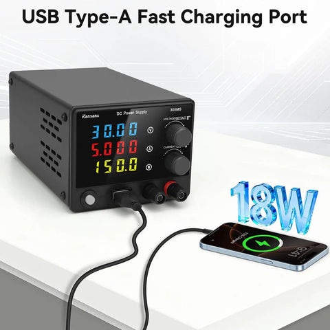 Portable Variable DC Power Supply 0 to 30V 0 to 5A for Lab Bench with 4 digit LED display, USB type-A fast charging, phone connected.
