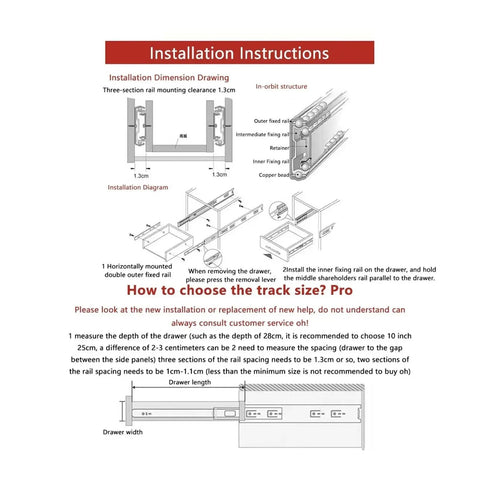 Installation instructions for Heavy Duty 3 Section 100 Lb Capacity Full Extension Ball Bearing Side Mount Drawer Slides Quiet Slide Black 14 Inch