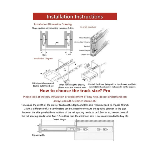 Installation instructions for 3-section full extension drawer slides with ball bearing, side mount, black, 12 inch