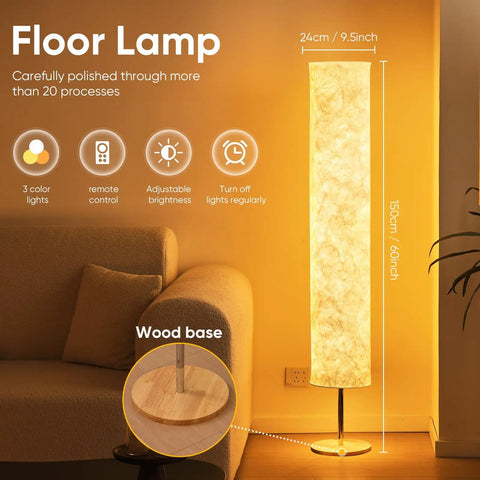 Lit 52 Inch Slim Modern Floor Lamp With RGB Color Changing Tyvek Fabric Shade in living room with wood base, glowing ambiance