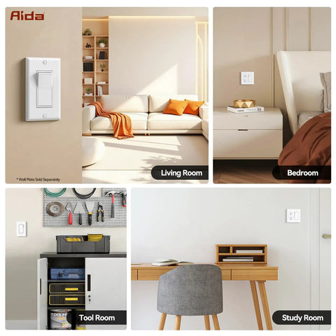 Collage of 20 Pack White Single Pole Square Rocker Light Switches in different home settings.