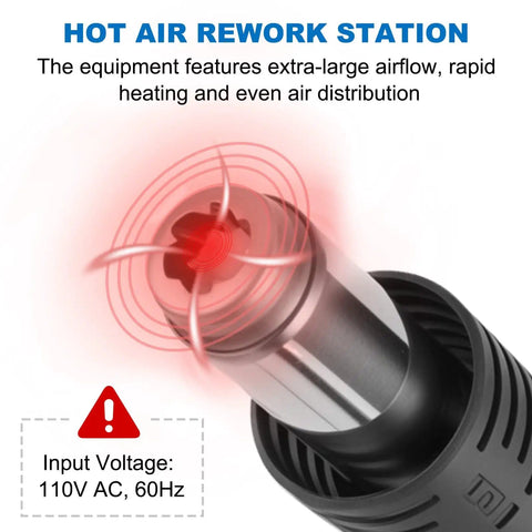 Digital Hot Air Rework Station Kit For SMD Rework And Desoldering With Precise Temperature Control nozzle close-up emitting airflow.