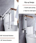Foldable Toilet Grab Bar For Bathroom Safety, 29.5 Inch Anti Slip Hand Rail, Flip Up Toilet Bar in use, stainless steel with nylon exterior.