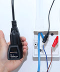 Handy Pro Grade Circuit Breaker Finder Accessory Kit with Clips Light Socket Adapter Three Prong to Two Prong Grounding Outlet Converter Carrying Case Compatible with ET300 ET310 Electrical Tester in use
