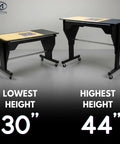 Electric Sewing Table With Rock Solid Height Adjustments And Smooth Tilt Remote Control Craft Desk For Makers Includes Heavy Duty Cutting Mat Plus Sharp Rotary Cutter Workstation Black showing height adjustments from 30 to 44 inches.